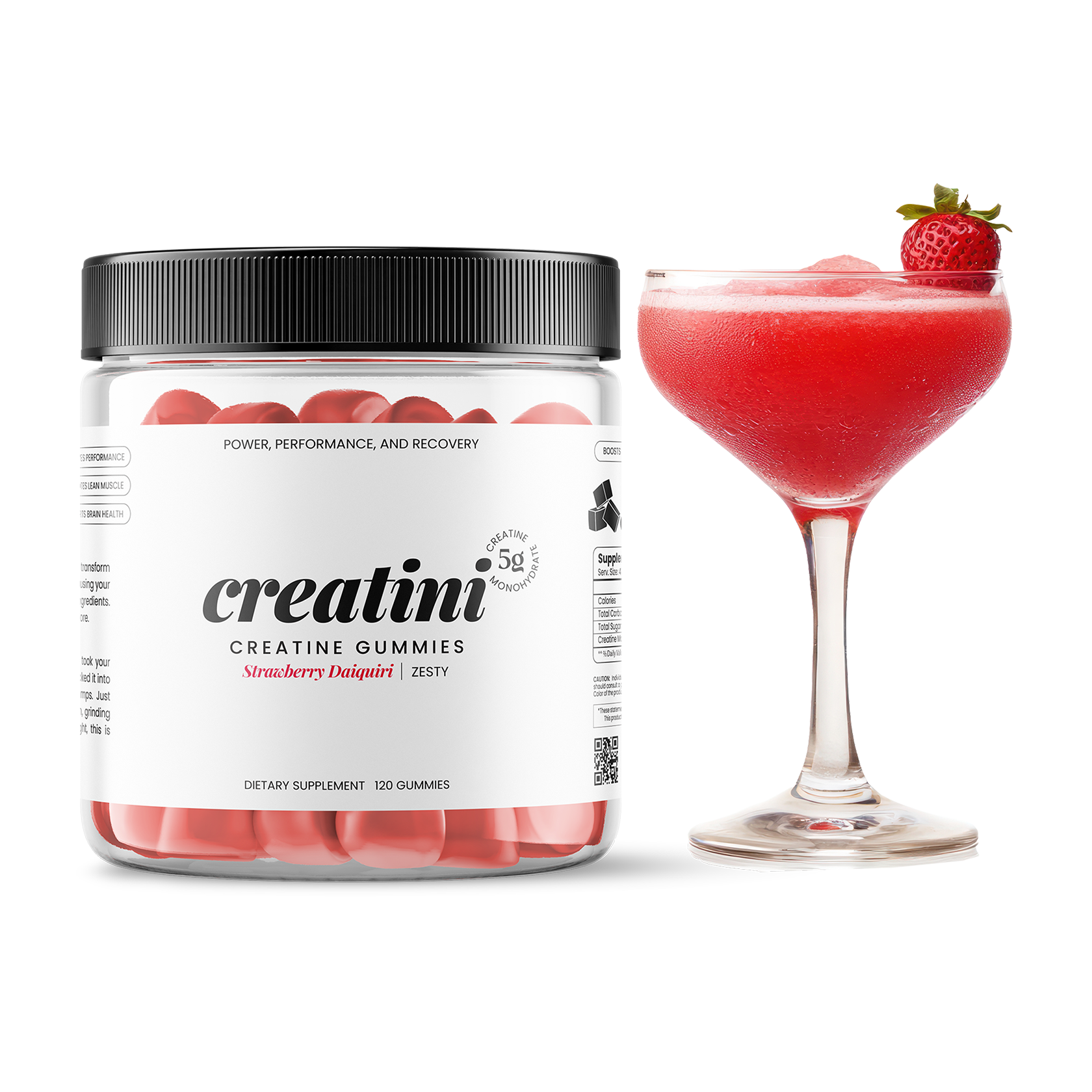 Creatine gummies container and a strawberry Daiquiri cocktail on a white background