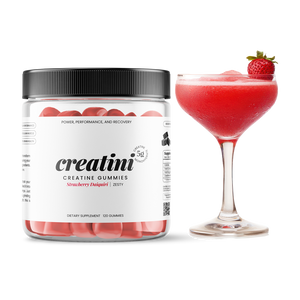 Creatine gummies container and a strawberry Daiquiri cocktail on a white background