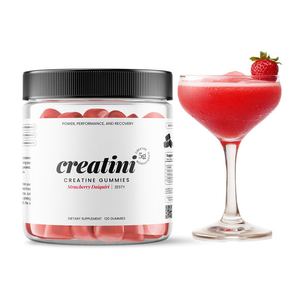 Creatine gummies container and a strawberry Daiquiri cocktail on a white background