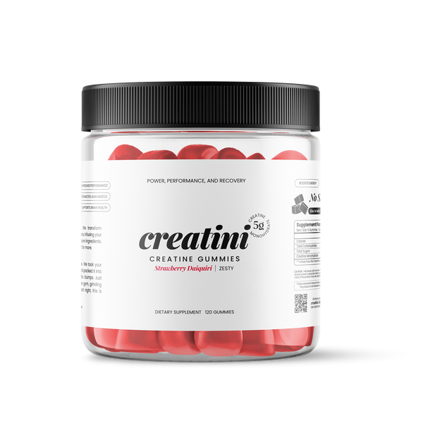 Creatine gummies container and a strawberry Daiquiri cocktail on a white background