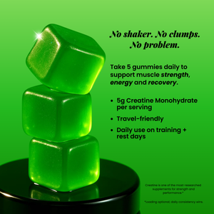 Stacked green Creatini Creatine Gummies on a pedestal with text overlay: No shaker, no clumps, no problem. Highlights 5g creatine monohydrate per serving, supports muscle strength, energy and recovery, travel-friendly, and daily use on training or rest days.