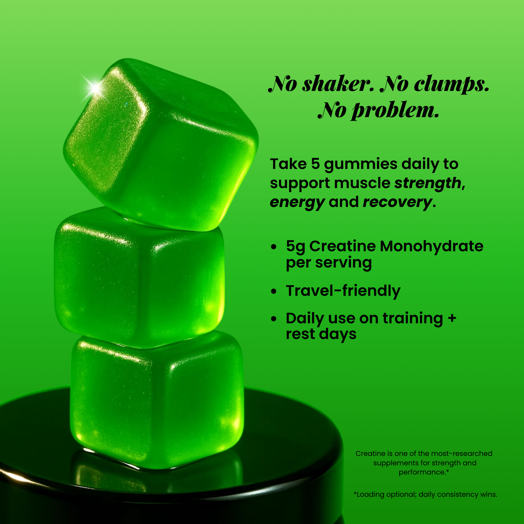 Stacked green Creatini Creatine Gummies on a pedestal with text overlay: No shaker, no clumps, no problem. Highlights 5g creatine monohydrate per serving, supports muscle strength, energy and recovery, travel-friendly, and daily use on training or rest days.
