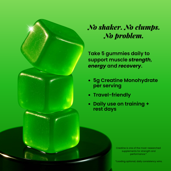 Stacked green Creatini Creatine Gummies on a pedestal with text overlay: No shaker, no clumps, no problem. Highlights 5g creatine monohydrate per serving, supports muscle strength, energy and recovery, travel-friendly, and daily use on training or rest days.
