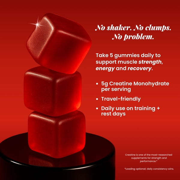 Stacked red Creatini Creatine Gummies on a pedestal with text overlay: No shaker, no clumps, no problem. Highlights 5g creatine monohydrate per serving, supports muscle strength, energy and recovery, travel-friendly, and daily use on training or rest days.