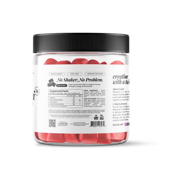 Creatine gummies container and a strawberry Daiquiri cocktail on a white background
