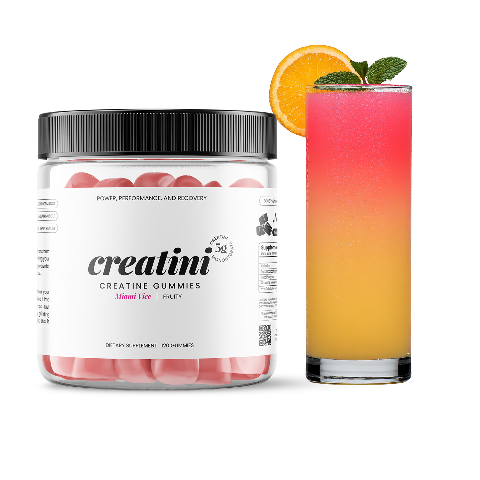 Creatini gummies container next to a colorful cocktail with an orange slice and mint leaf. Miami - Vice Flavor