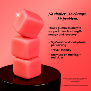 Stacked pink Creatini Creatine Gummies on a pedestal with text overlay: No shaker, no clumps, no problem. Highlights 5g creatine monohydrate per serving, supports muscle strength, energy and recovery, travel-friendly, and daily use on training or rest days.
