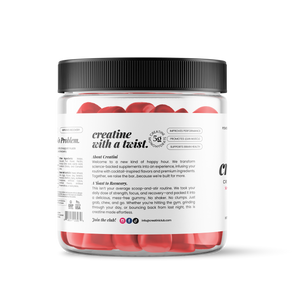 Creatine gummies container and a strawberry Daiquiri cocktail on a white background