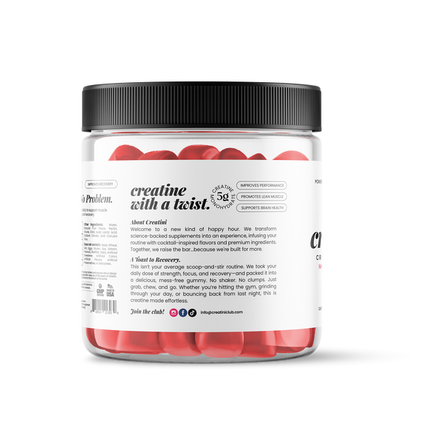 Creatine gummies container and a strawberry Daiquiri cocktail on a white background