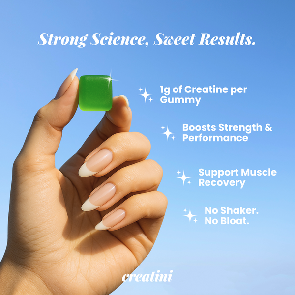 Hand holding a green Creatini Creatine Gummy against blue sky. Text overlay highlights 1g of creatine per gummy, boosts strength and performance, supports muscle recovery, and no shaker or bloat. Strong Science, Sweet Results.
